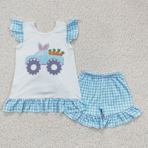 girl easter outfit blue plaid shorts set carrot truck