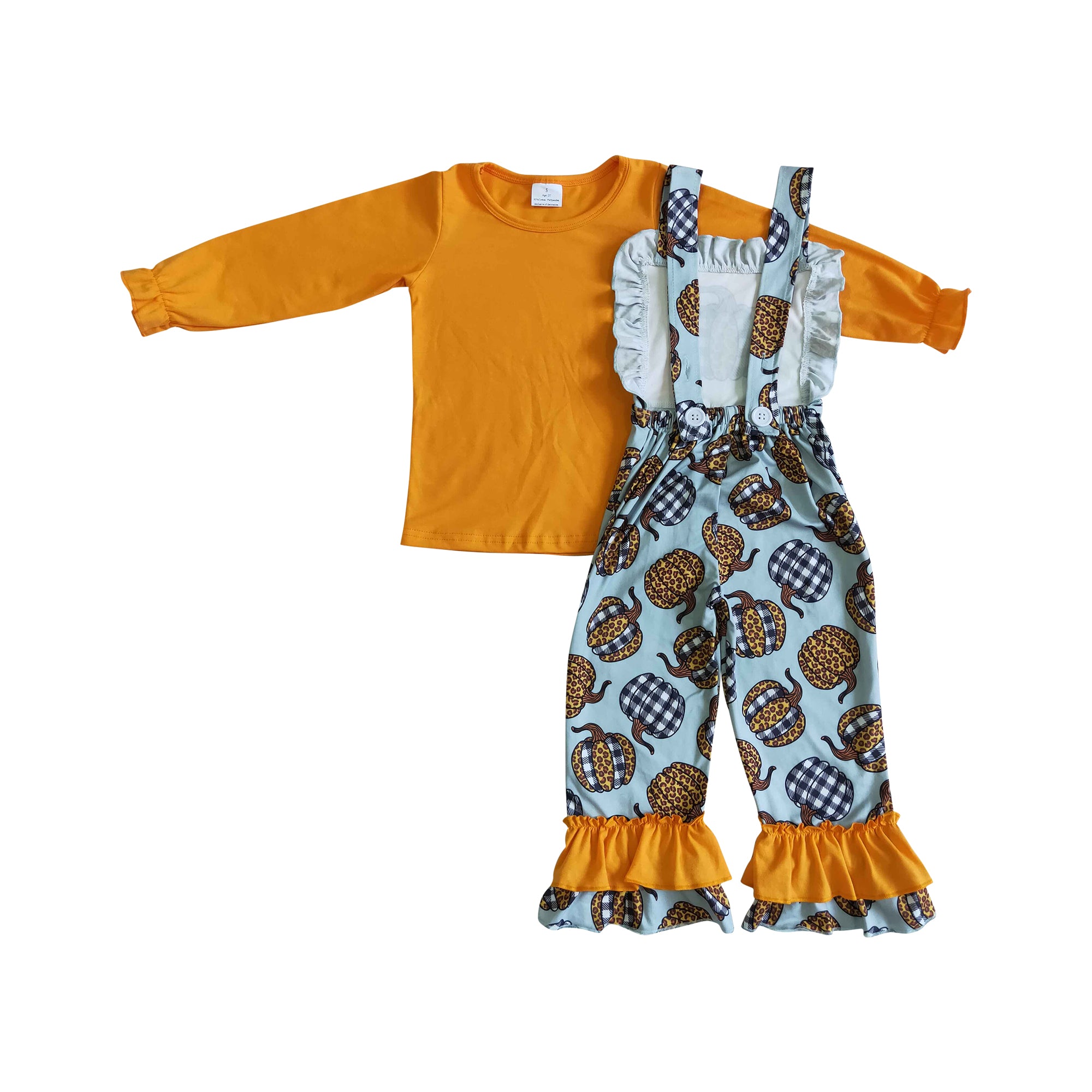 mustard shirt pumpkin overall outfit kids fall clothing for girls
