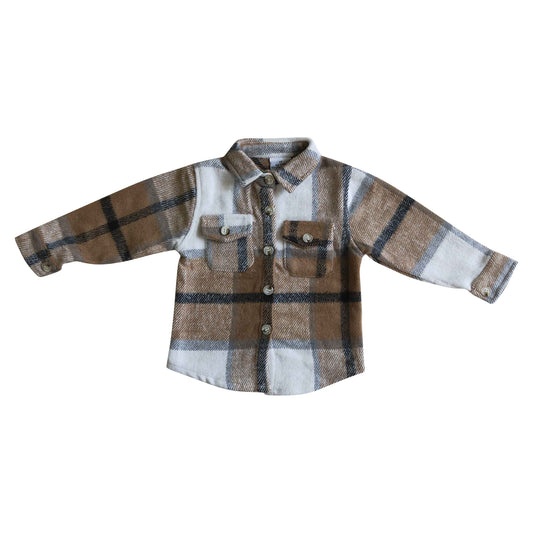 children's clothing boy flannel fall/winter white brown plaid button shirt with pocket