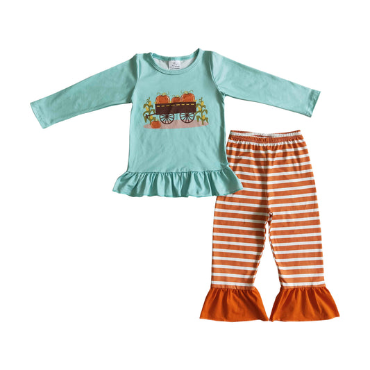 girl fall clothing pumpkin truck print orange stripe pants set