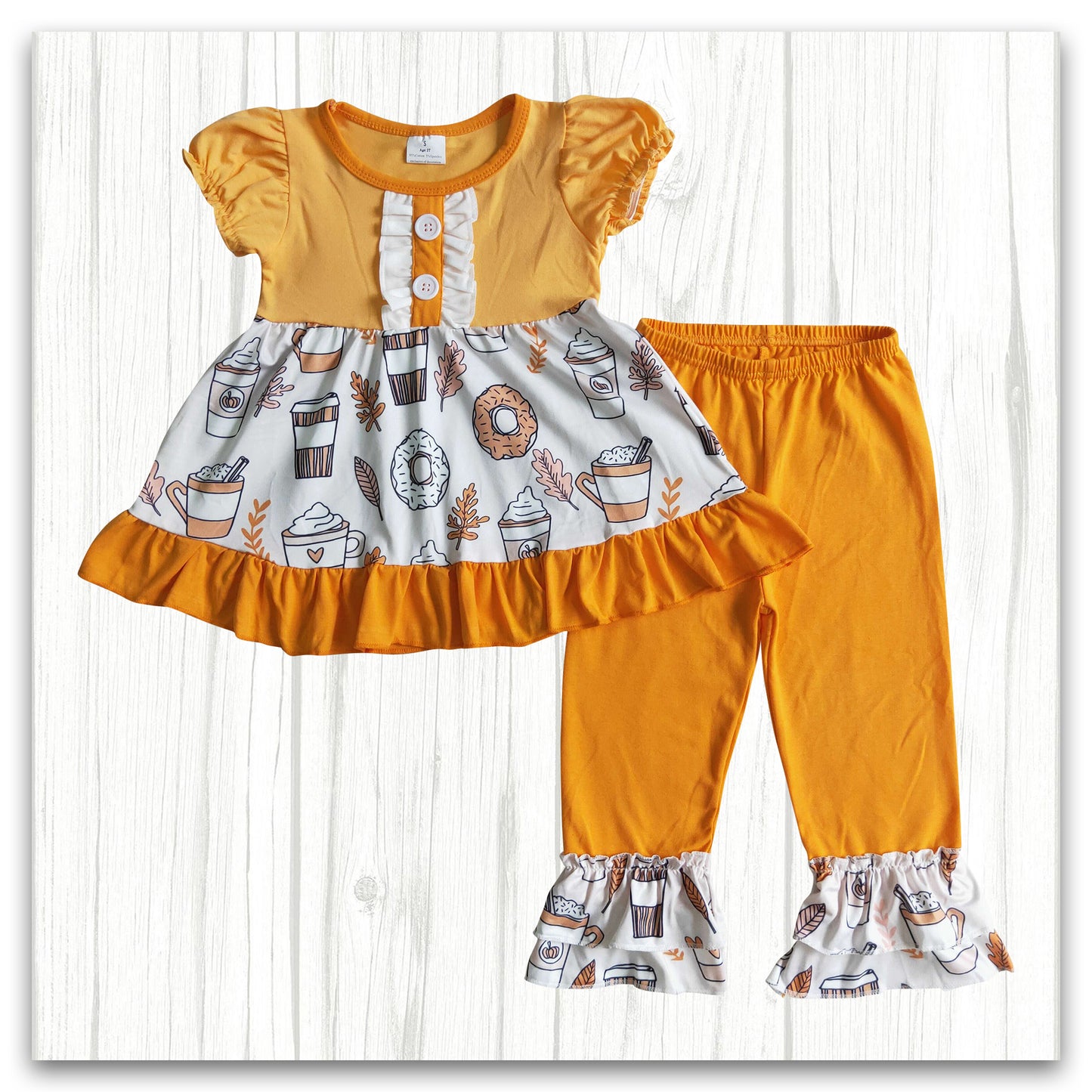 girl fall donut and drink mustard outfit ruffle pants set