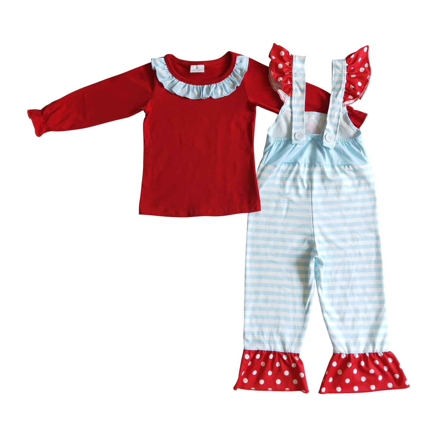 girl christmas clothing 2pcs red shirt with ruffle overall