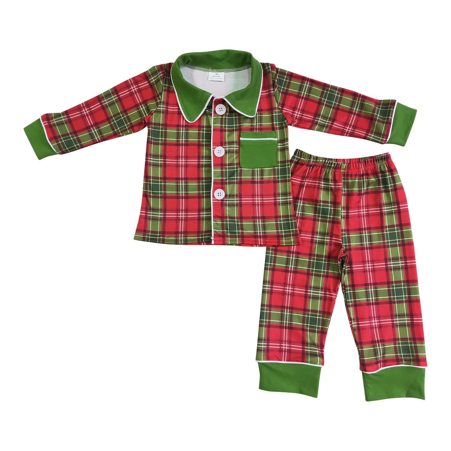 boy christmas green red plaid button pajamas