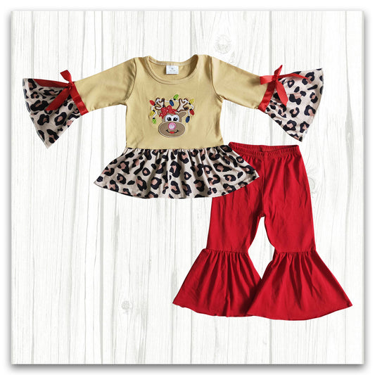 girl christmas reindeer embroidery outfit red pants set