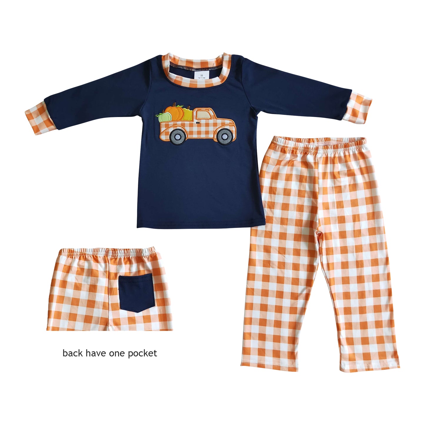 boy's fall pumpkin truck embroidery orange plaid pants outfit