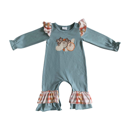 kids fall pumpkin embroidery ruffle romper for baby girl