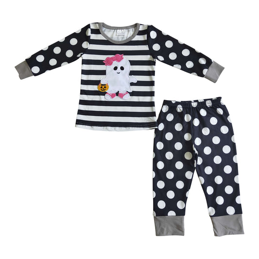 kids girl halloween black dots embroidery pajamas