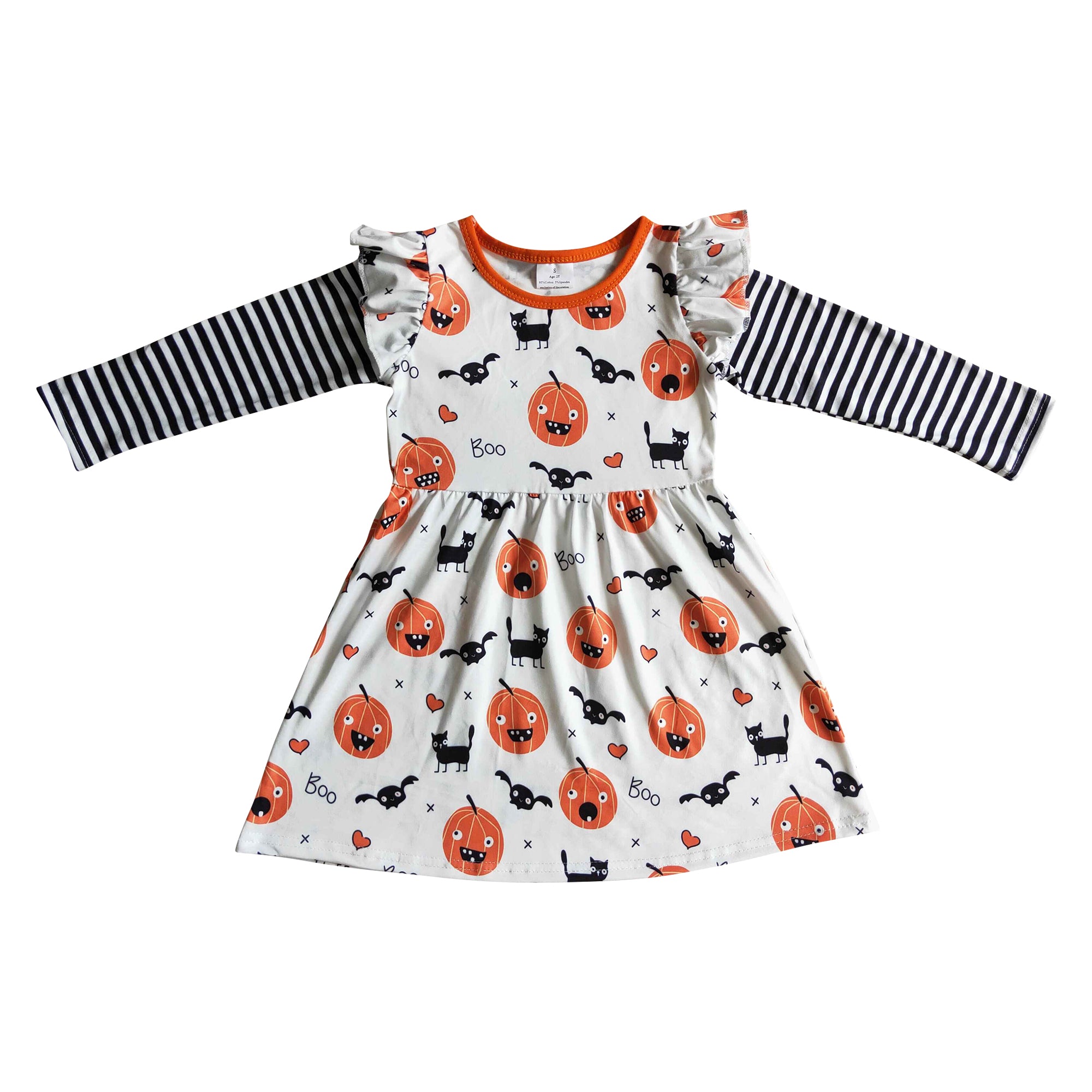 long sleeve ruffle dress for girls halloween pumpkin cat print