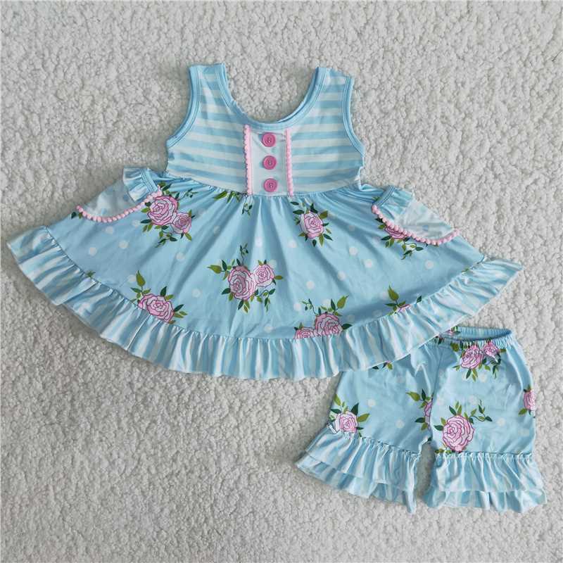 kids baby girl's outfit blue shorts set summer