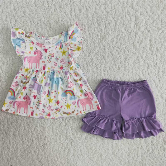 unicorn rainbow print purple ruffle shorts set