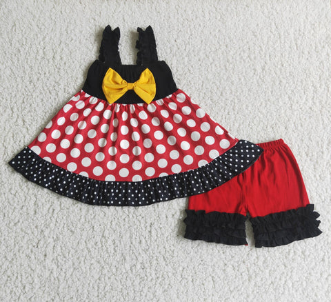 white dots black red shorts set