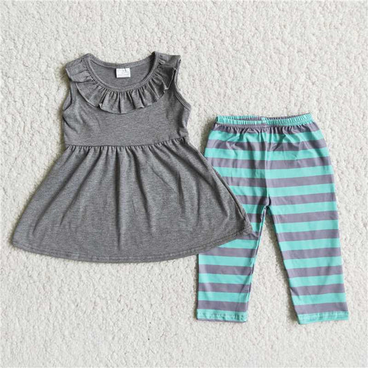 sleeveless grey cotton top stripe capris set