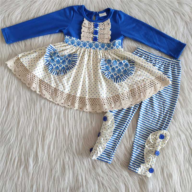 girl blue pocket lace outfit stripe legging set