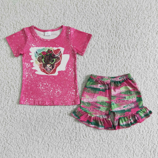 summer highland pink green girls shorts set kids clothing set