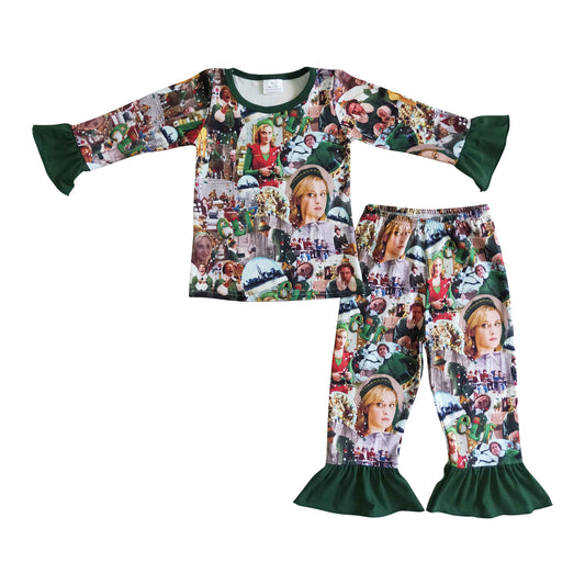 girl's clothes elf green ruffle pajamas set for christmas