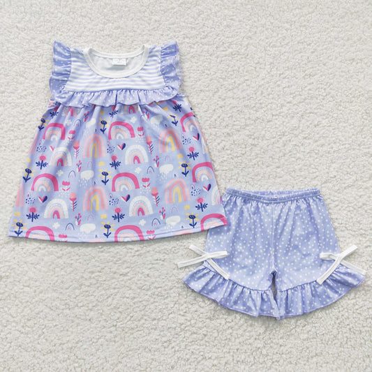 rainbow polk dots ruffle shorts set girl summer clothing