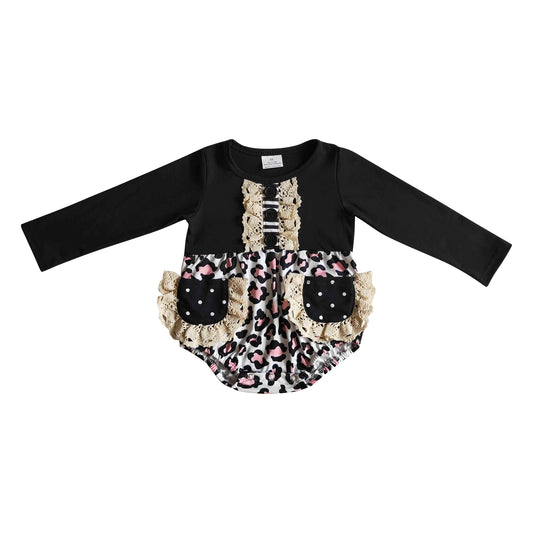 long sleeve black lace pocket with leopard baby romper