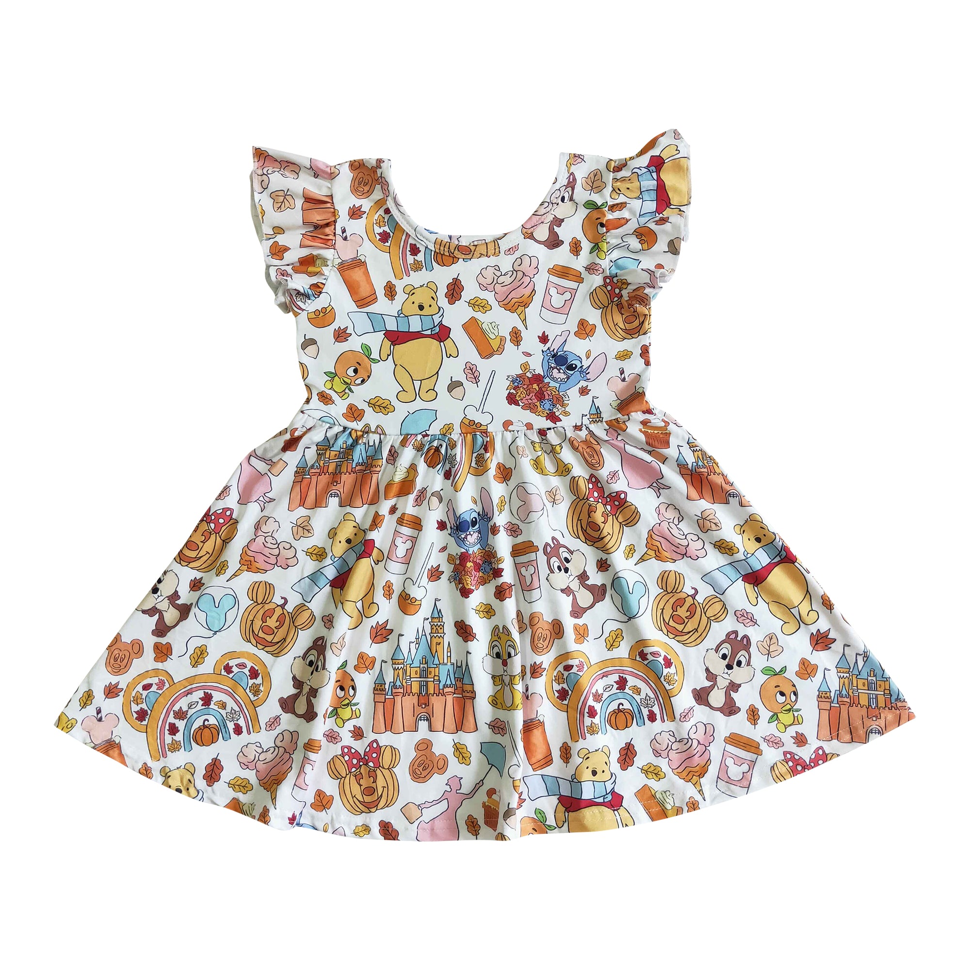 fall flutter sleeve dress bear castle rainbow print