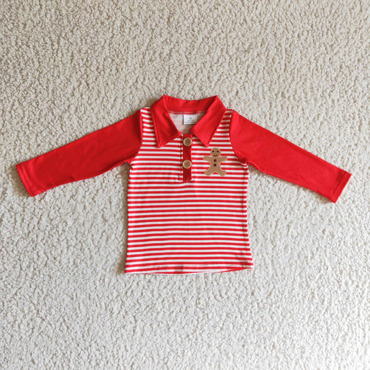 boy clothing christmas red stripe button shirt with gingerbread print