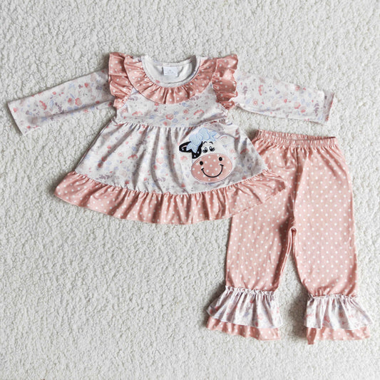 cow embroidery ruffle floral tunic ruffle pants set