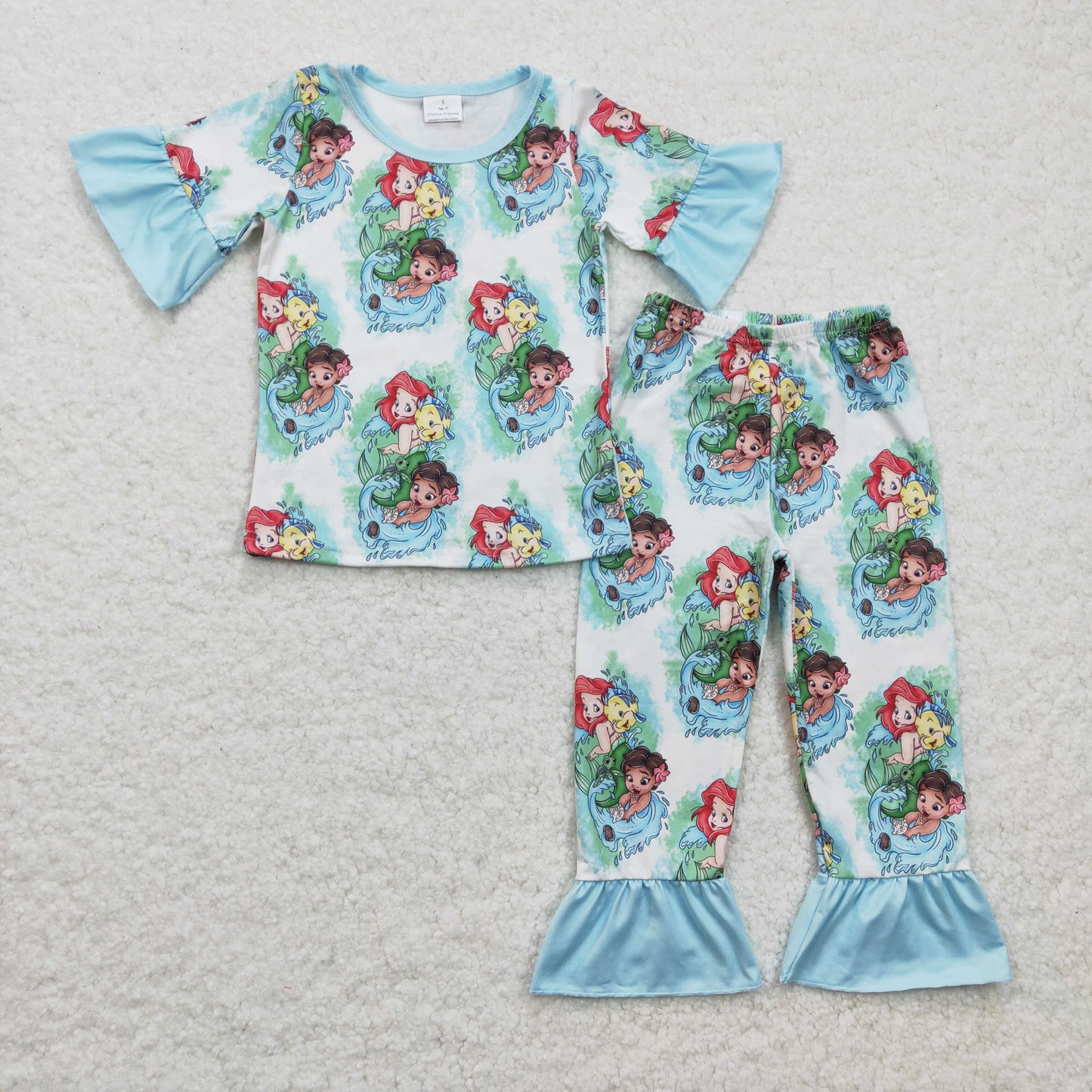 blue short sleeve ruffle pajama outfit mermaid