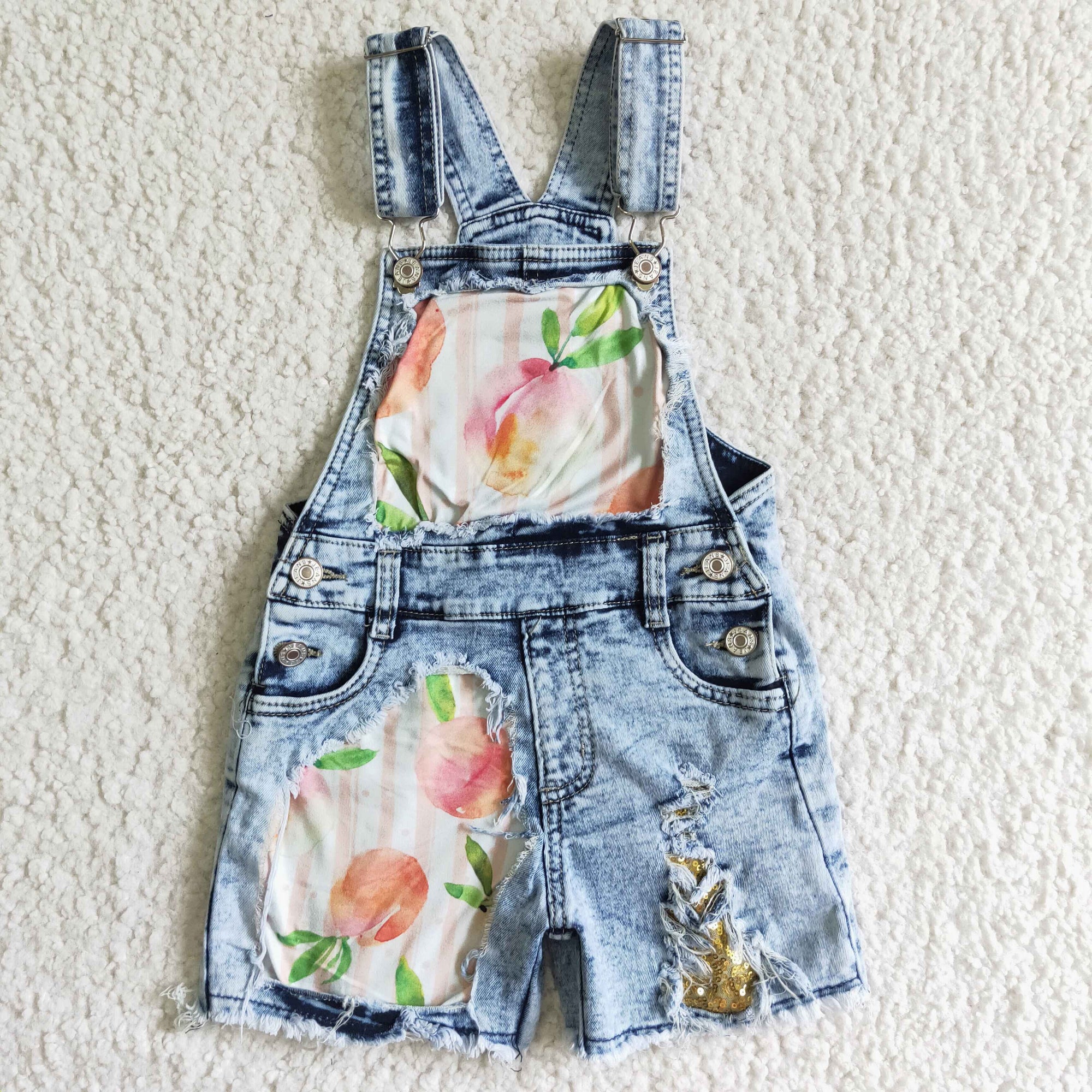 light blue peach print denim cross overalls jumpsuit kids clothes