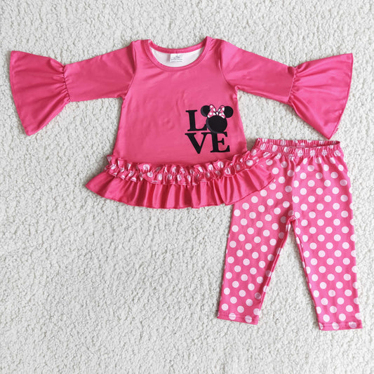 hot pink ruffle top dots leggings outfit