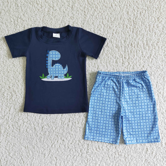 navy blue dinosaur embroidery checked shorts set boy
