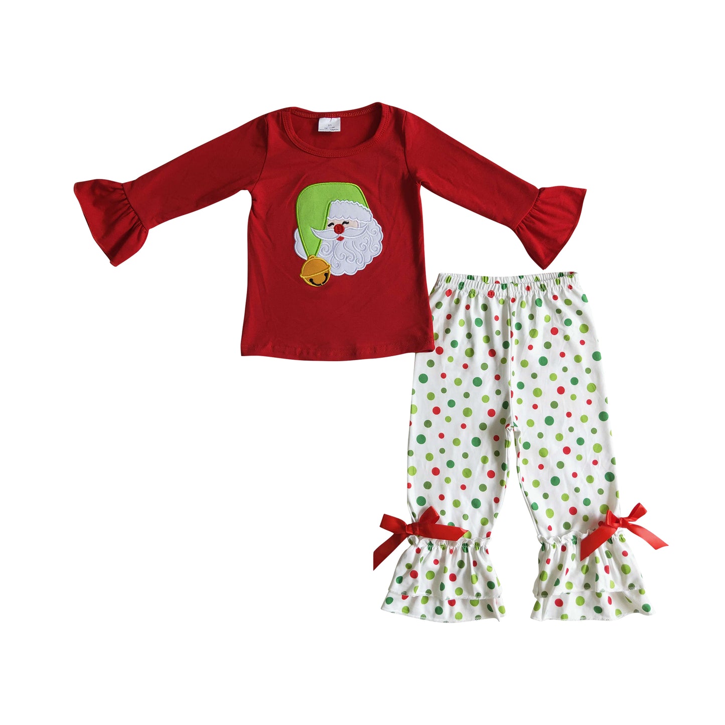 girl's clothing red cotton shirt christmas Santa embroidery dots ruffle pants set