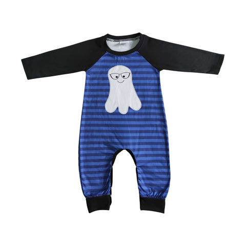 boy halloween cute boo print blue striped romper