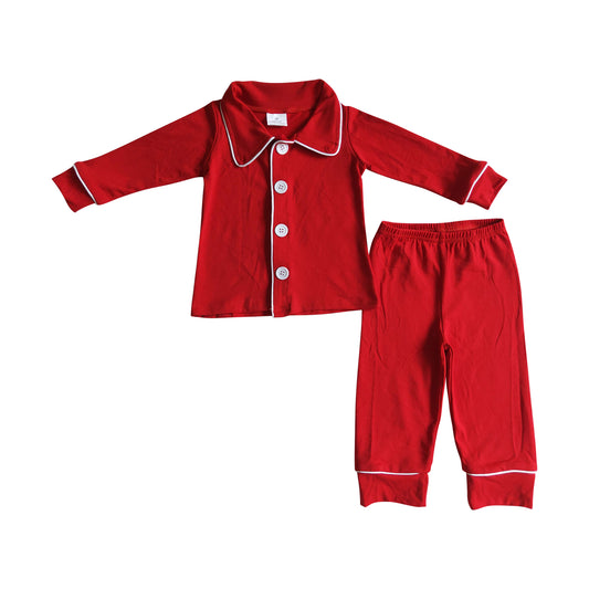christmas solid red cotton button pajamas clothing set for baby boy