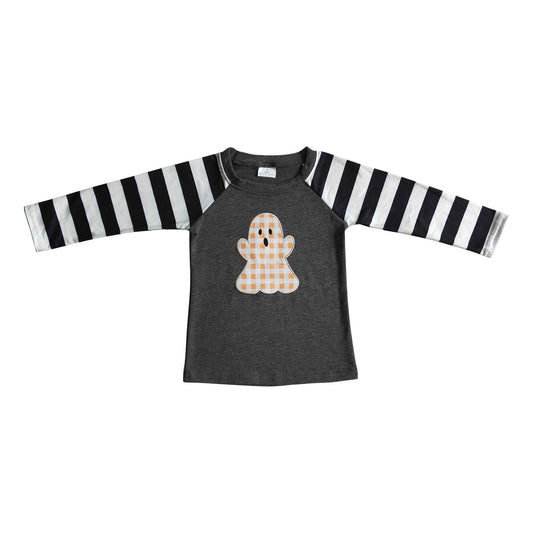 halloween black stripe sleeve boo embroidery shirt for baby boy