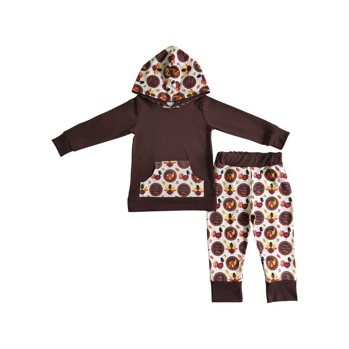 Boy brown turkey print hoodie outfit for thanksgiving