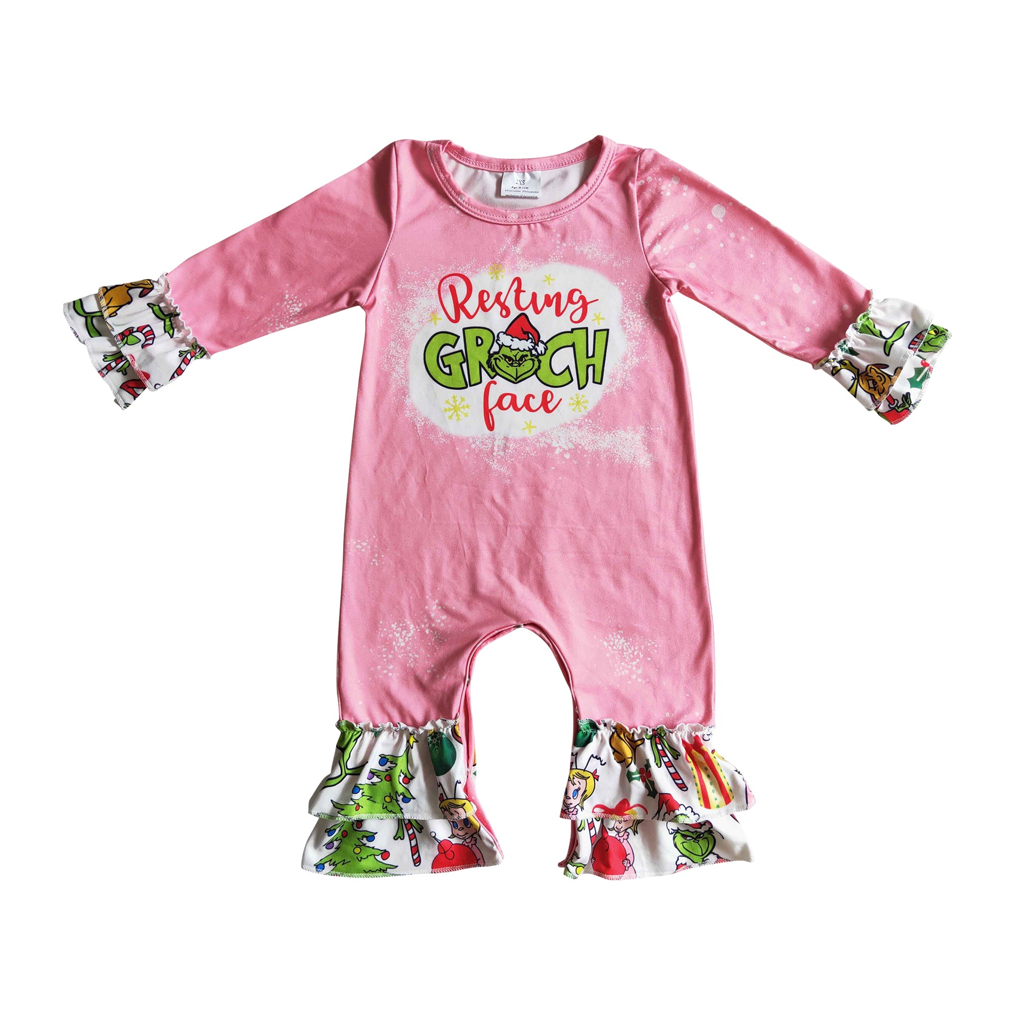 christmas pink long sleeve ruffle romper for baby girl