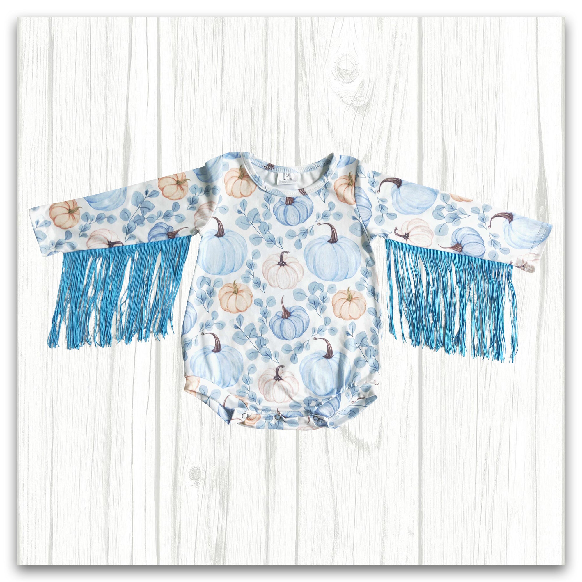 infant fall blue pumpkin fringe romper