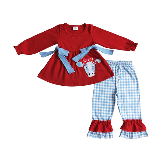 Christmas red cow embroidery ruffle outfit girls clothing