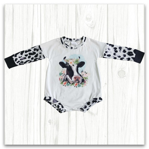 cute cow print long sleeve bodysuit romper