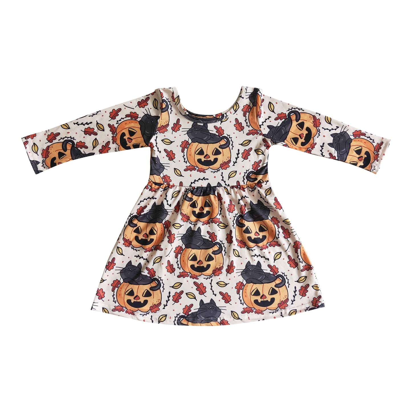 girl fall clothing long sleeve cat on pumpkin dress