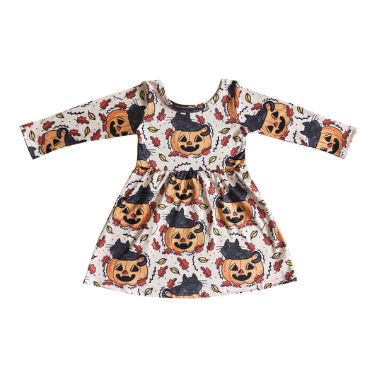 girl fall clothing long sleeve cat on pumpkin dress