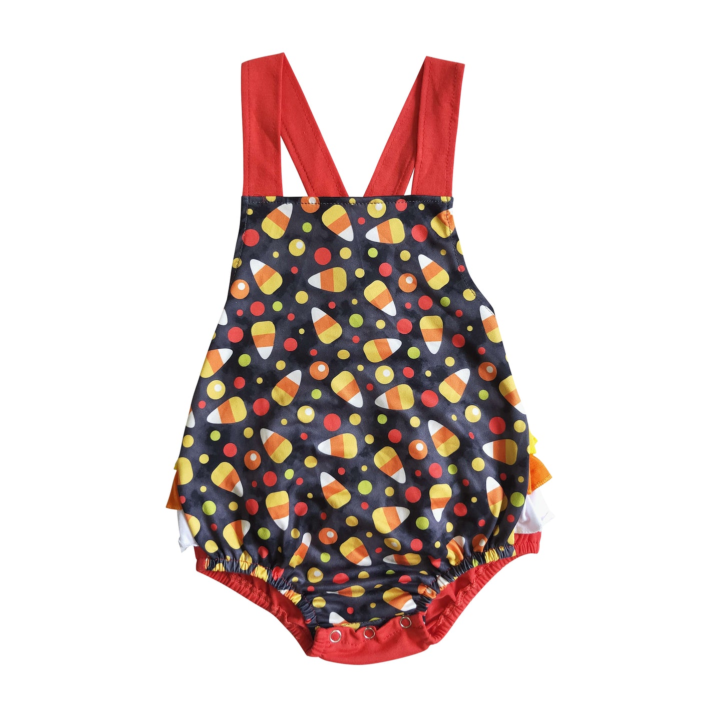 toddler halloween candy print orange ruffle romper