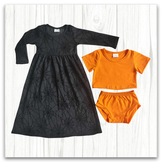 orange bummies set match spiderweb maxi dress baby girls Halloween set