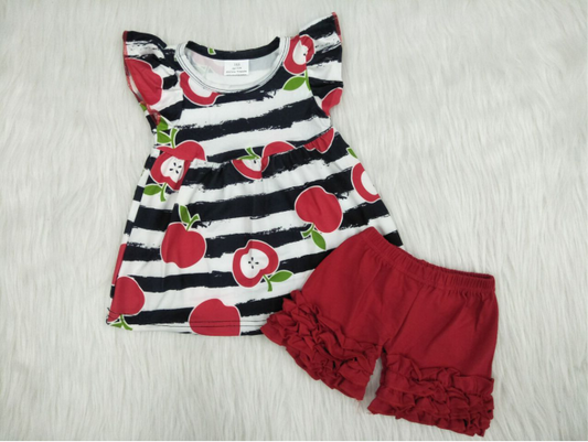 stripe apple print red ruffle shorts set
