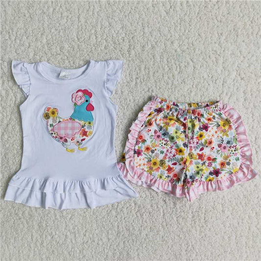 floral chicken embroidery shorts set girl