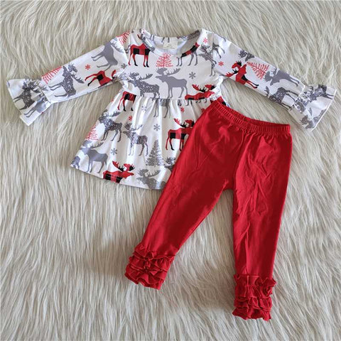 Deer Red Cotton Ruffle Pants Set