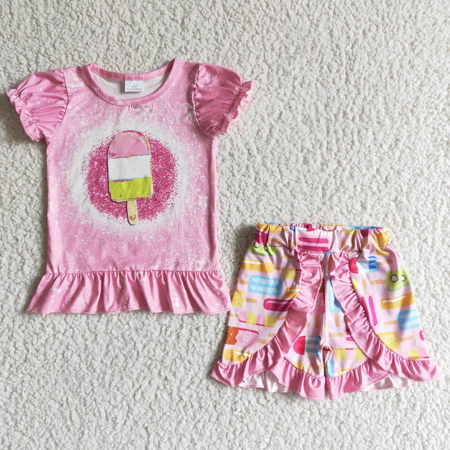 girl's pink popsicle ruffle shorts set summer clothing