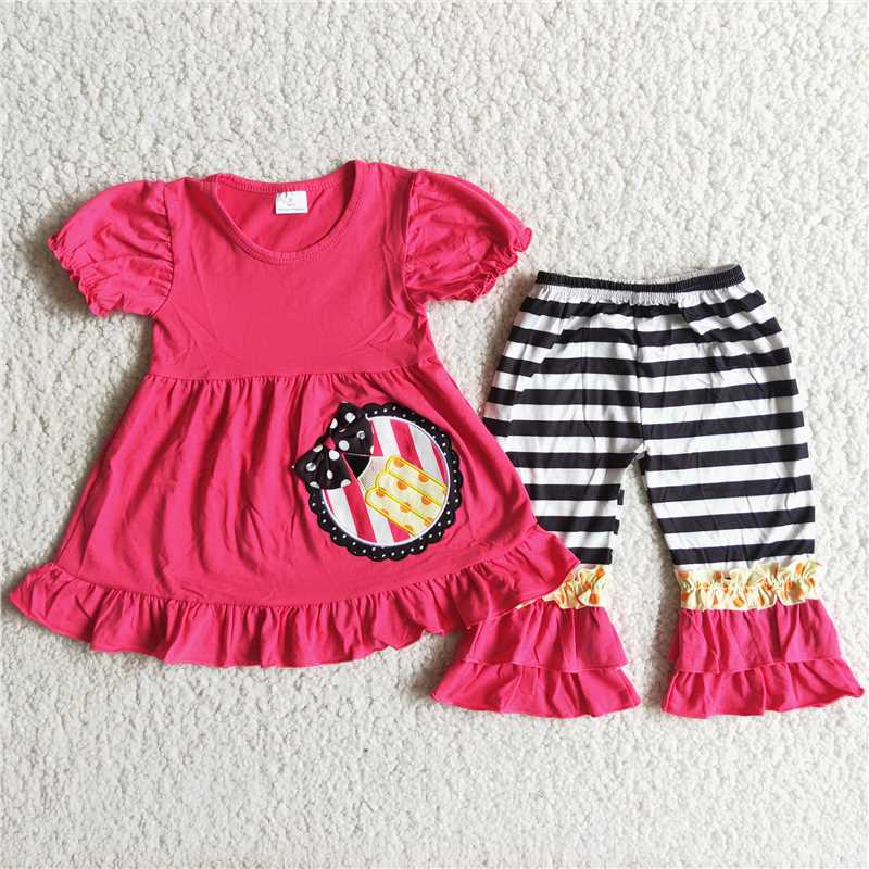 hot pink short sleeve pencil embroidery stripe capris set