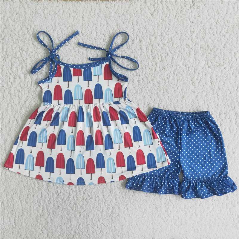 Party In The USA Popsicle Blue Cotton Ruffle Girls 4th Of July Shorts Set