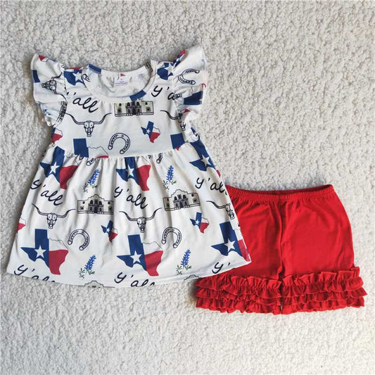 4th of july red blue white ruffle shorts set Texas
