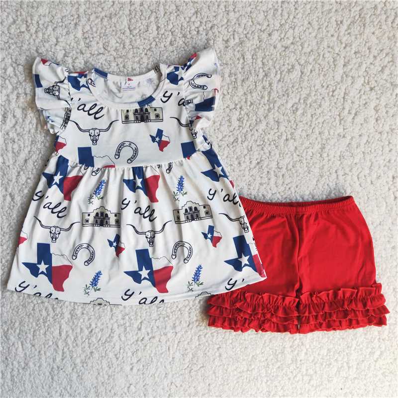 4th of july red blue white texas ruffle shorts set