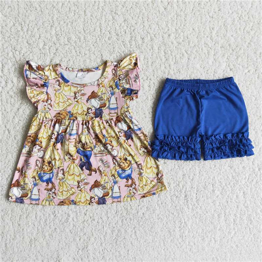 cute cartoon print dark blue ruffle shorts set